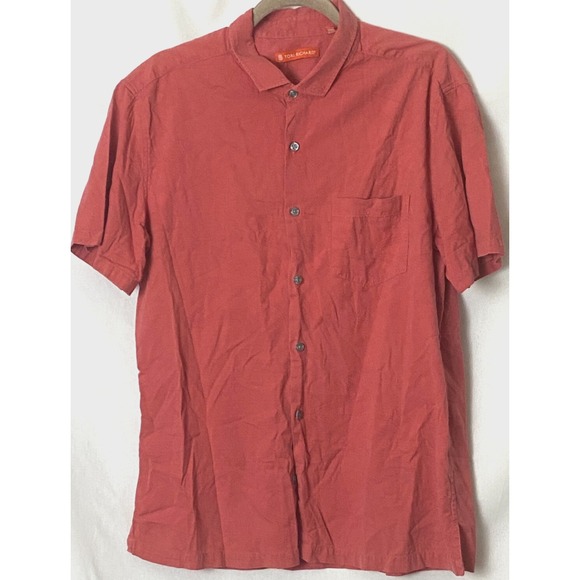 Tori Richard Men Hawaiian Shirt L Orange Jacquard Palms Silk Cotton Short Sleeve - Picture 2 of 11